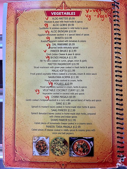 Vegetable menu at Tandoori Grill in Fresno