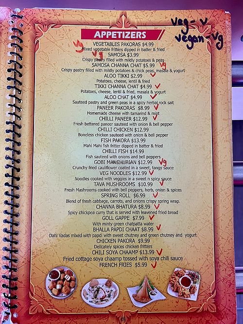 Appetizer menu at Tandoori Grill in Fresno