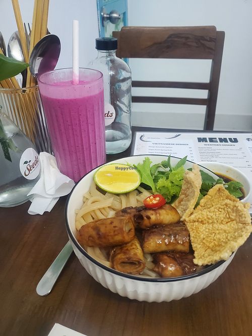 Hoi an noodles and reddy lassi smoothie at The Seeds Plant-Based Foods & Desserts in Hoi An