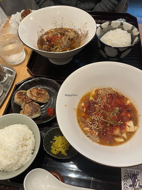 Red (foreground) black sesame (background) and gyoza  at tsuminaki Mapo Tofu - 罪無き麻婆豆腐 in Tokyo