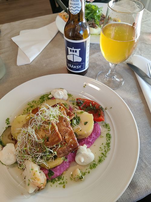 Ginger&chili tofu with potatoes, vegetables, chimichurri, and beetroot hummus at Kanavan Kruunu in Vaaksy