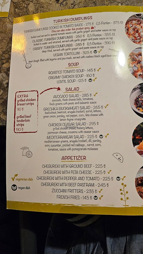 Vegan and Vegetarian options clearly marked on menu at Supla in Antalya