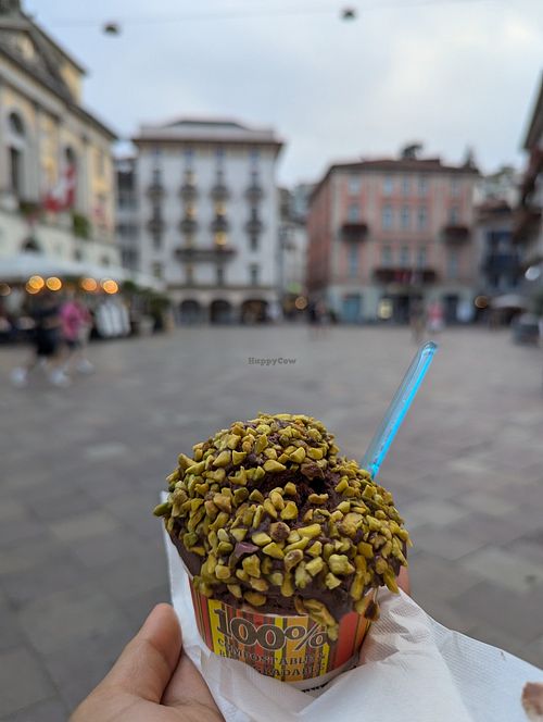 Vegan dark chocolate gelato with pistachio topping at Gelateria Chocolat in Lugano