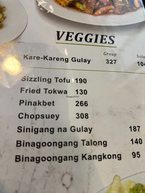 veggies section of menu at Giligan's Restaurant in Pasay