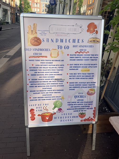 Menu sign outside  at De Laatste Kruimel - Prinsenstraat in Amsterdam
