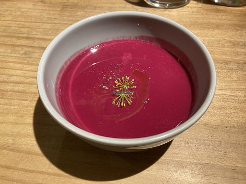 Beet tofu milk soup  at Ome Farm Kitchen in Tokyo