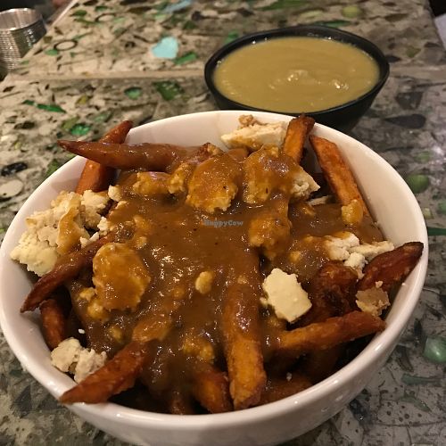 Poutine avec fauxmage maison et soupe du jour au brocoli at Panthere Verte - Plateau in Montreal
