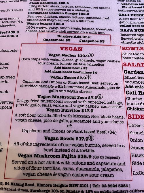 Vegan menu  at California Republic in Sydney