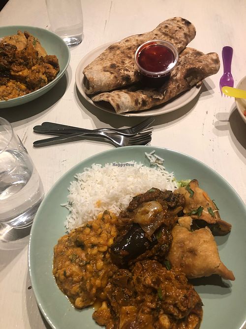 3 curries, eggplant, cauliflower, Dahl, samosa, rice, roti bread, chutney.  at Namaskaar in Baden Baden