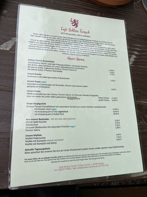 Speisekarte mit veganem Mittags- und Kuchenangebot  at Café Schloss Türnich in Kerpen