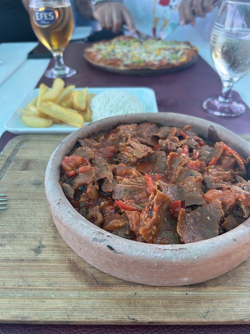 Tofu kebab with rice and chips  at Yener's Place in Dalyan