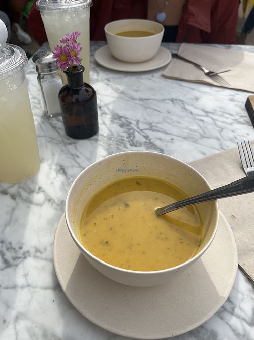 Season Butternut Squash Soup with Thai Basil. Drink is Rose Petal Lemonadee  at Flower Child in St Louis