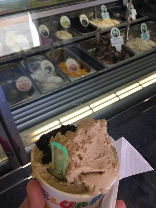 Vegan hazelnut, pistachio and chocolate with ginger ice cream... delicious!  at Slurp Gelateria in Sanremo
