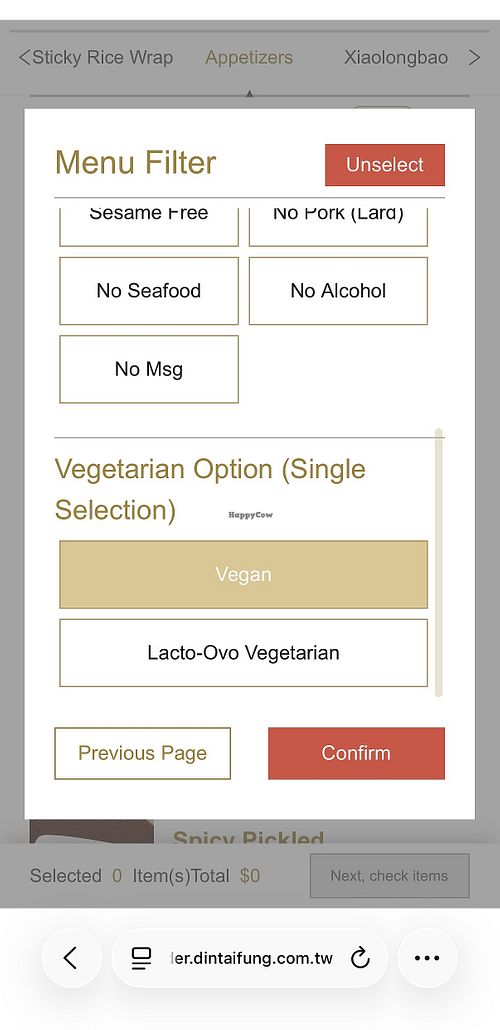 Use the filter to select “Vegan” when ordering via the QR code  at Din Tai Fung 101 in Taipei