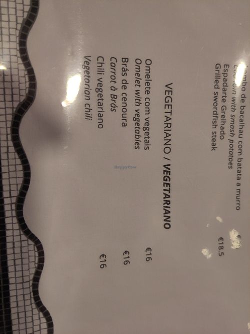Vegetarian menu at Black Whale in Vila Franca Do Campo