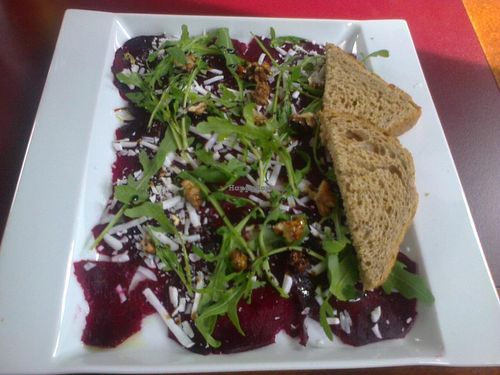 Beetroot carpaccio with vegan mozzarella at loVeg at LoVeg in Prague