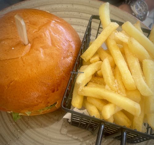 Vegan burger, nice Smokey flavour and proper imitation burger not mushed veg €9  at Porta Reale in Corfu