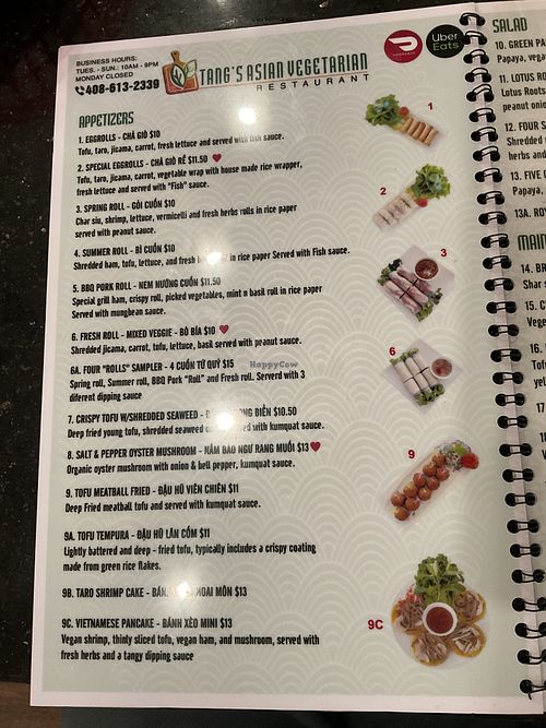 menu  at Tang's Asian Vegetarian in San Jose