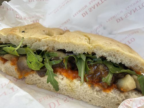Sandwich vegano: roasted aubergine, san marzano tomato sauce, caramellized onions, rocket  at Disanto in Corfu