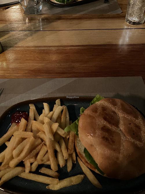 Vegan chicken burger and chips at Kongshallen in Gudvangen