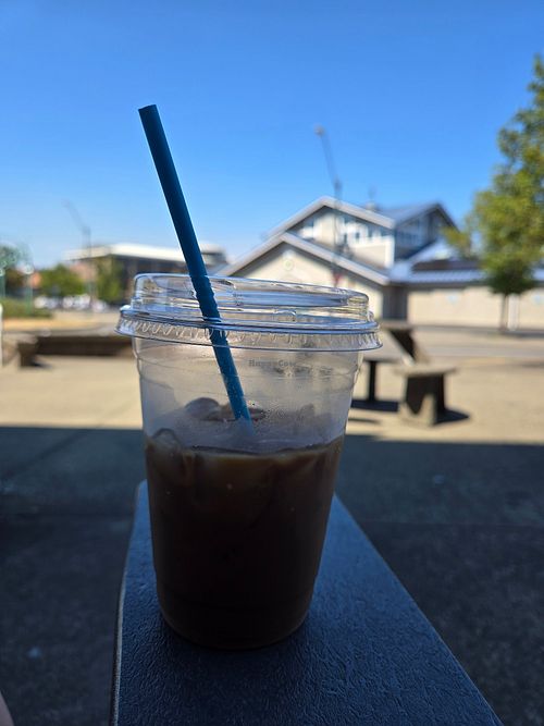 Iced coffee with oat milk. Salted caramel, hazelnut, and dark chocolate at Dancing Goats Coffee Bars in Olympia