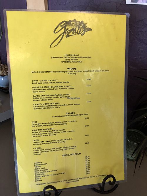 Menu at Gazali's in Clive