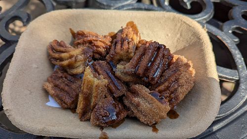 Churro bites with chocolate sauce (vegan) at Churros and Mor in Victoria