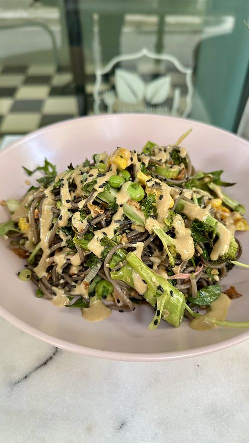 Soba noodle salad with broccoli, corn, edamame, scallions and pickled ginger  at Picnic in Antibes