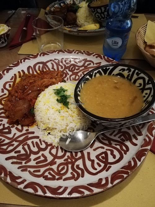 Aubergine, rice with saffron and lentil soup at Orient Experience in Venice