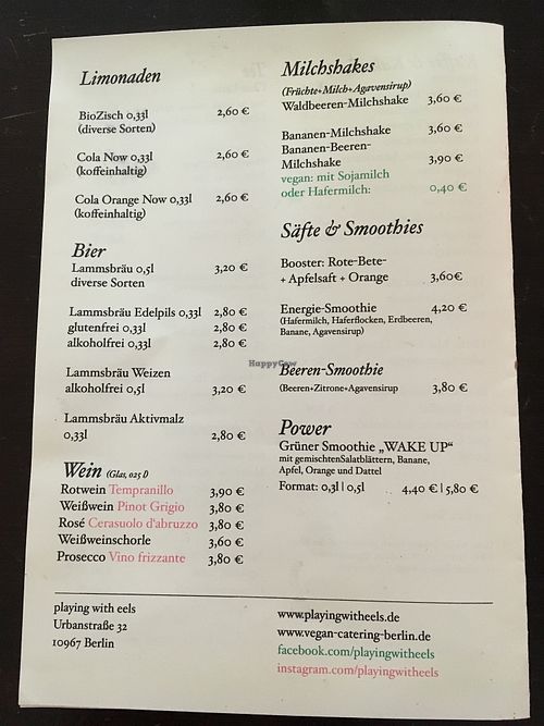 drinks menu at Playing With Eels in Berlin