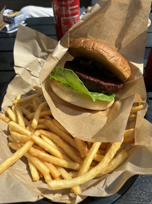 “Veggie hot” burger. Menu next pic. Super crispy french fries btw  at alm's (Falsterbogrillen) in Falsterbo