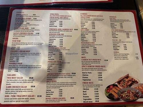 Menu  at Thai Anau in Te Anau