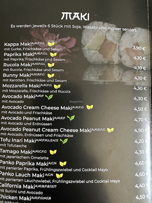 Maki menu (vegan options with a green leave).  at Funa Sushi - Weissensee - Takeaway & Delivery in Berlin