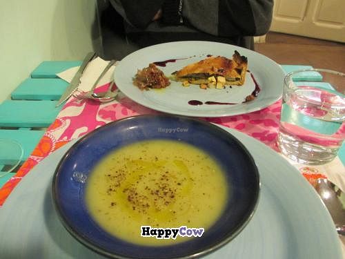 Root vegetable soup and tart -- starters of the set lunch menu. at Rayen Vegano in Madrid