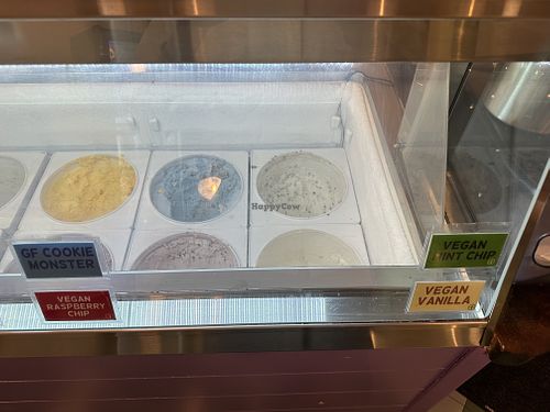 3 vegan flavors: Raspberry Chip; Mint Chocolate Chip ; Vanilla    at Smusht in Port Washington