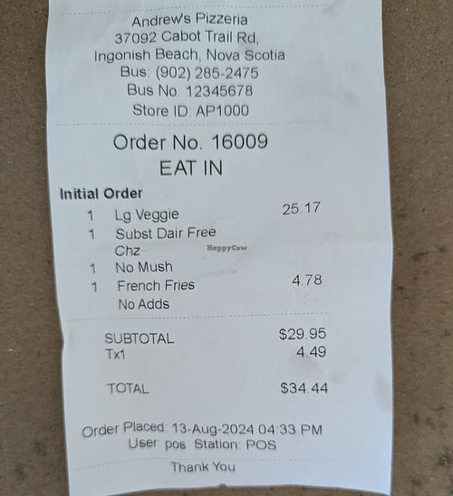 "Subst Dairy Free Chz" at Andrew's Pizzeria in Ingonish