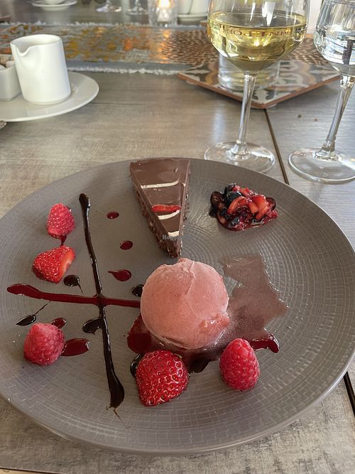 Chocolate tarte with raspberry sorbet   at Wineport Lodge in Glasson