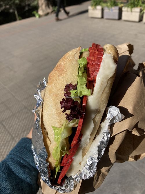 Salami with melted mozzarella and artichokes  at Machete Carnicería Vegana - Providencia in Santiago