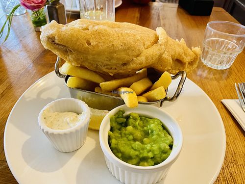 Huge piece of delicious banana blossom and chips!😋  at The Bridport Arms in Bridport