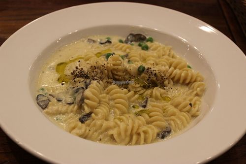 Vegan cream cheese sauce spaghetti. The vegetables change each time - the other time we had potatoes and carrots. at CHOICE in Kyoto