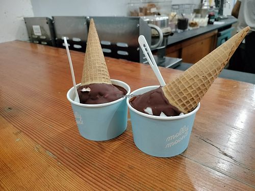 Vegan coconut chunk ice cream with a hard chocolate shell. at Molly Moon's in Seattle