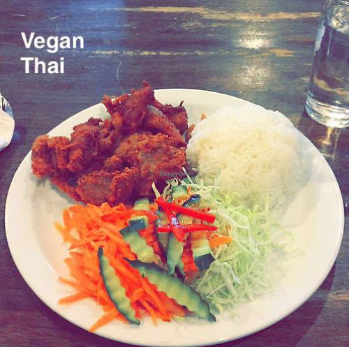Crispy Fried Mock Meat (soy) with rice and veggies. so good! at Sunflower Thai Vegetarian Restaurant in Auckland