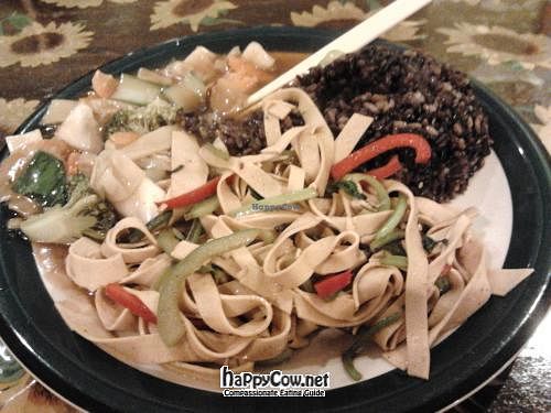 Tofu skin strips with vegetables and multigrain rice at Sunflower Thai Vegetarian Restaurant in Auckland