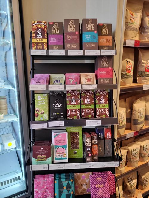 Big variety 9f chocolates at RawFoodShop in Malmo