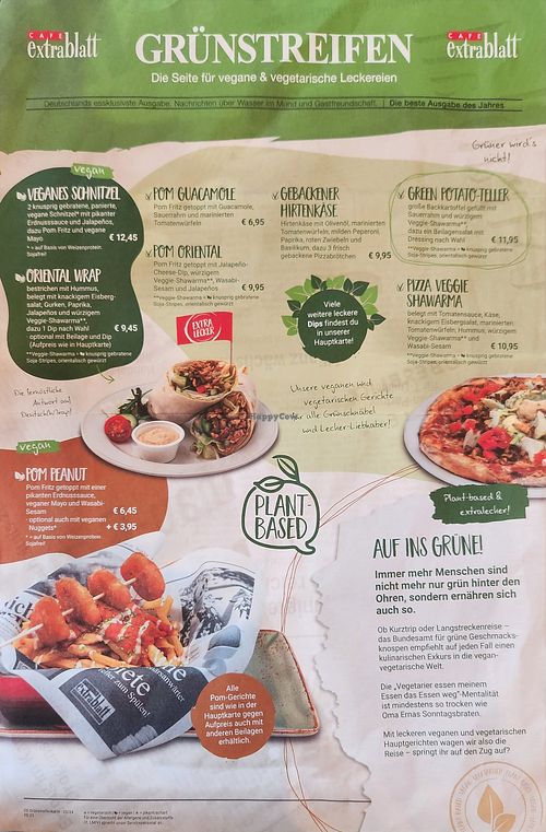 Vegan menu page at Cafe Extrablatt in Aachen