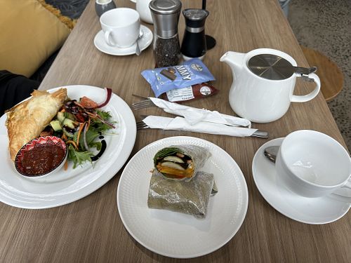 Wrap with roast veg. Filo pastry with curry.  at Foragers Cafe in Ararat