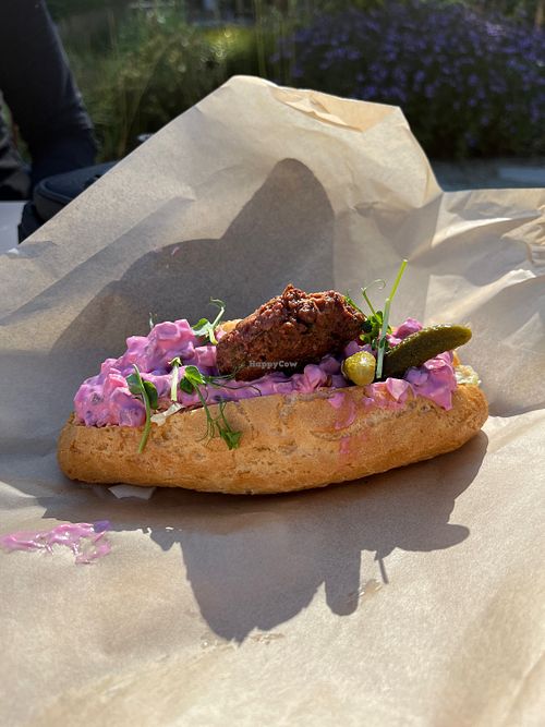 Baguette with beetroot sallad filling  at Runda Gummans Glada Mat in Faerjestadenen