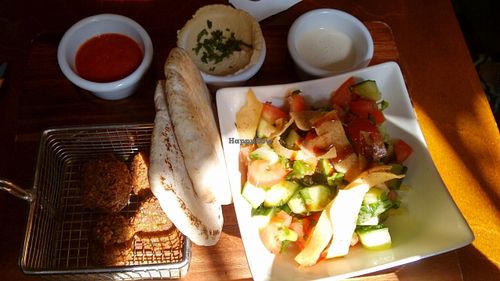 Fatoush salad and falafel plus dips. A bargain at Umi Falafel - Dame St in Dublin