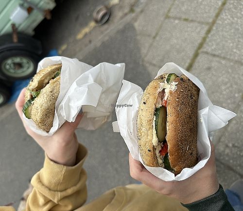 Vegan pepper, hummus, cucumber and red onion bagel- delicious!  at Dough an Dowr in Falmouth
