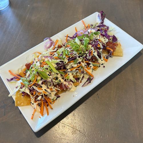 vegan tomato “tuna” wontons!  at Sky House Bar in Sandpoint